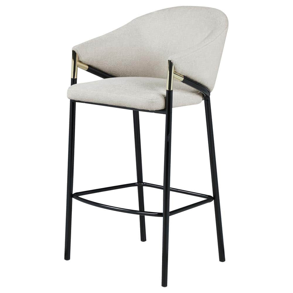 Beige Fabric and Black Metal Bar Height Stools with Sloped Arms