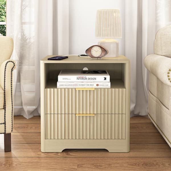 Preston Modern Natural Wood Finish 2 Drawers Nightstand Bedside Table with Night Light and Charging Station