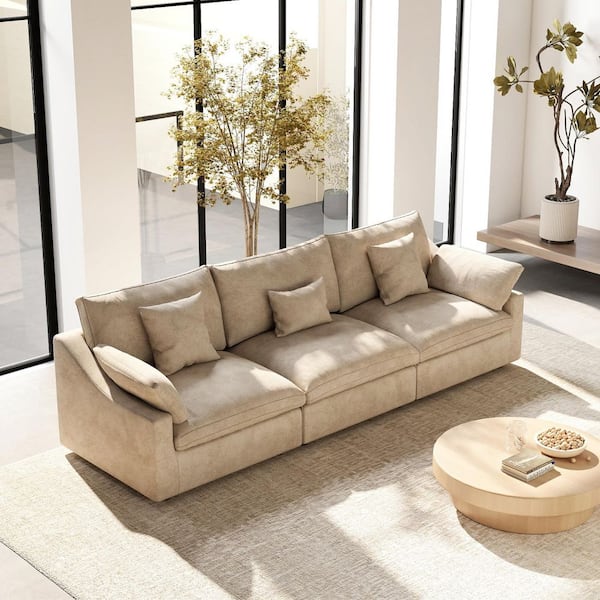 Modular Large 119 in. Flared Arm Plush Linen 3-Seat Cloud Couch Convertible Sectional Sofa in Khaki with Washable Cover