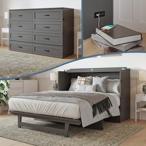 Alpine Gray Wood Frame Queen Murphy Bed Chest with Mattress, Storage Drawer, and Built-in Charging Station