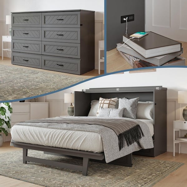 AFI Alpine Gray Wood Frame Queen Murphy Bed Chest with Mattress, Storage Drawer, and Built-in Charging Station