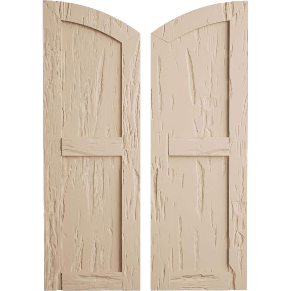 12 in x 34 in Polyurethane Pecky Cypress Two Equal Flat Panel Elliptical Top Faux Wood Shutters Primed Tan price history on PriceWatchPro