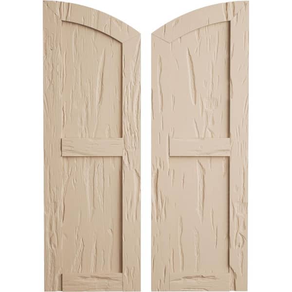 Ekena Millwork Faux Wood 12" x 48" Timberthane 2 Equal Flat Panel Elliptical Top Polyurethane Shutters Primed Tan in Pecky Cypress