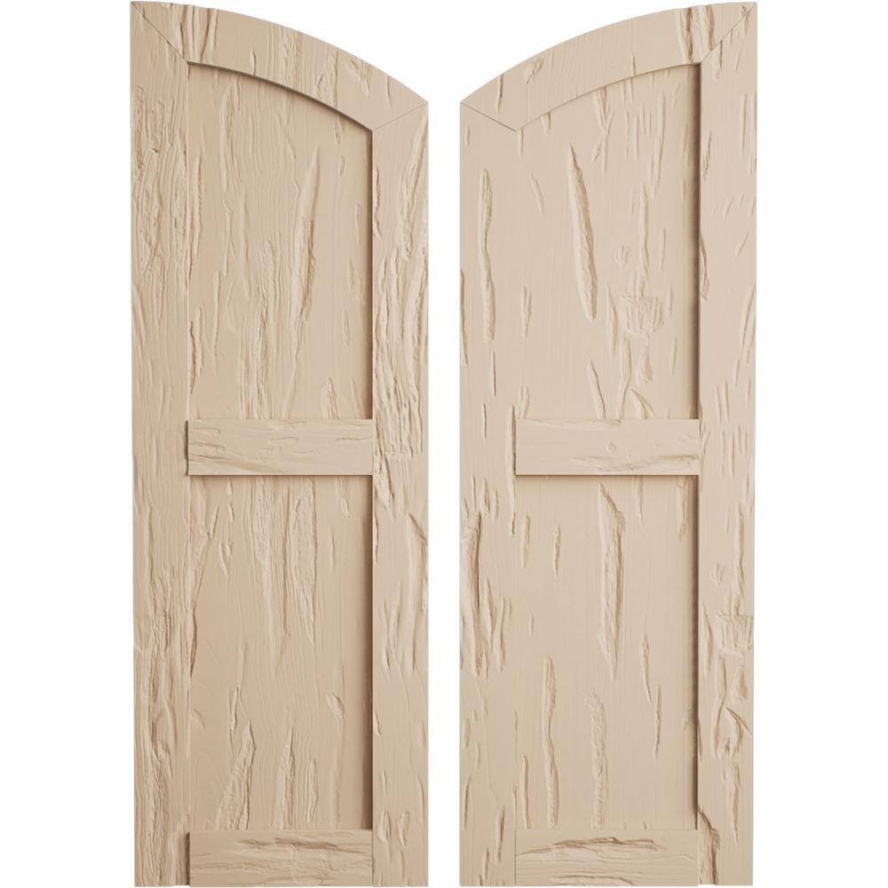 18 in. x 52 in. Polyurethane Timberthane Pecky Cypress Two Equal Flat Panel Elliptical Top Faux Wood Shutters Primed Tan price history on PriceWatchPro