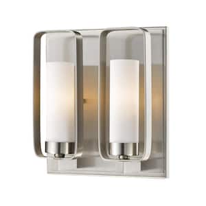 Aideen 9 in. 2-Light Brushed Nickel Wall Sconce Light with Matte Opal Glass Shade with No Bulbs Included