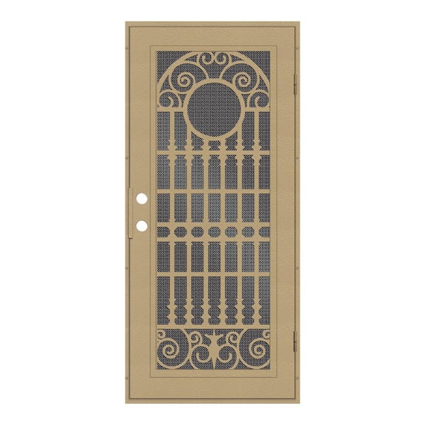 Unique Home Designs 30 in. x 80 in. Spaniard Desert Sand Left-Hand Surface Mount Aluminum Security Door with Black Perforated Metal Screen