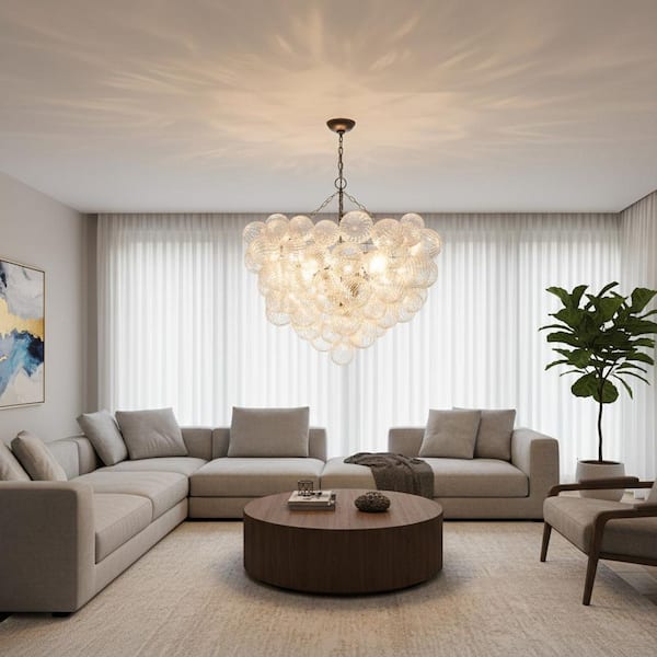 1-Light Black Bubble Ball Glass Integrated LED Chandelier, RGBCW Dimmable Blown Glass Cluster for Dining Table, Bedroom