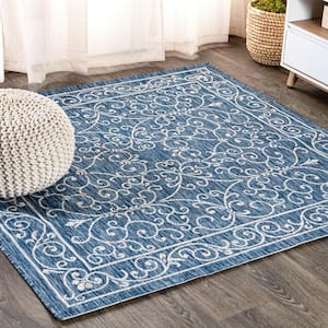 Charleston Navy/Gray 5 ft. Vintage Filigree Textured Weave Indoor/Outdoor Square Area Rug