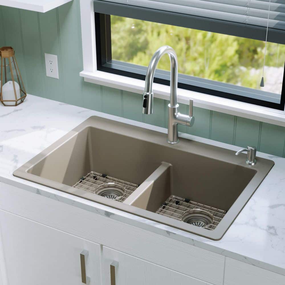 QT-810 Quartz/Granite 33 in. Double Bowl 50/50 Top Mount Drop-in Kitchen Sink in Concrete with Bottom Grid and Strainer price history on PriceWatchPro