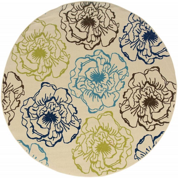 8' x 8' Green and Ivory Round Floral Indoor Outdoor Area Rug