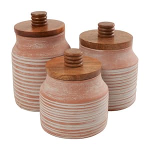 Light Brown Ceramic Decorative Jars with Wood Lids (Set of 3)
