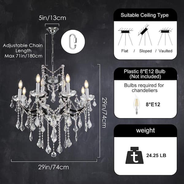 PUYRNF 8-Light 29 in. Crystal Black Chandelier, Large Foyer