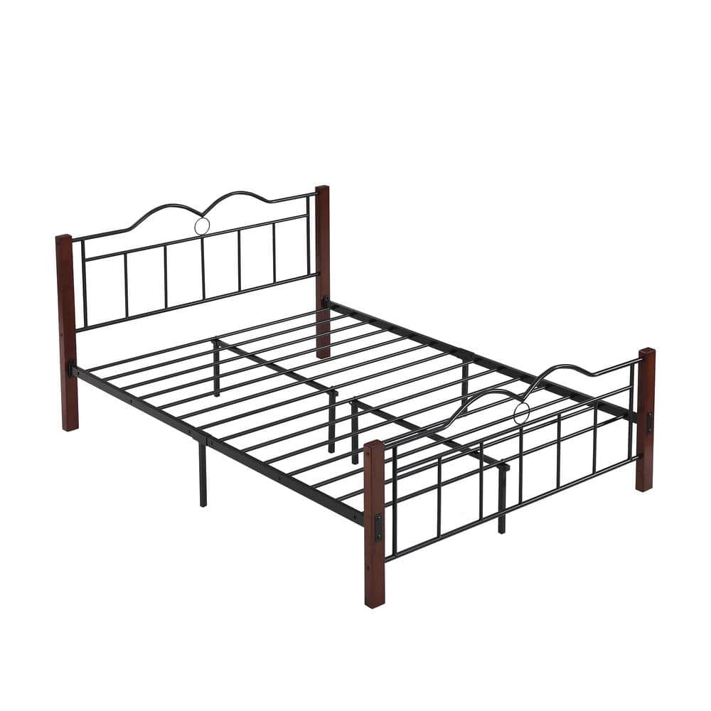 Brown Large Double Metal Framed Full Platform Bed with Hollow Artistic Head