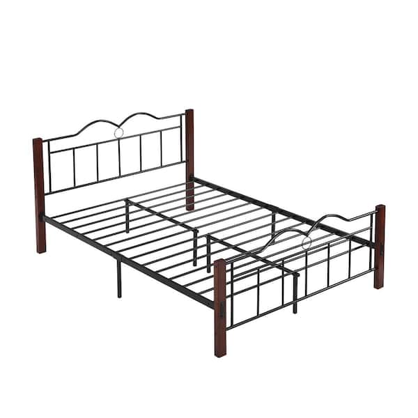 Unbranded Brown Large Double Metal Framed Full Platform Bed with Hollow Artistic Headboard, Footrests and Central Support Feet