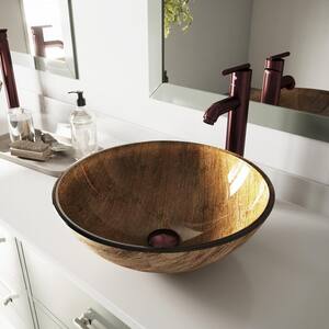 Glass Round Vessel Bathroom Sink in Wooden Brown with Seville Faucet and Pop-Up Drain in Oil Rubbed Bronze