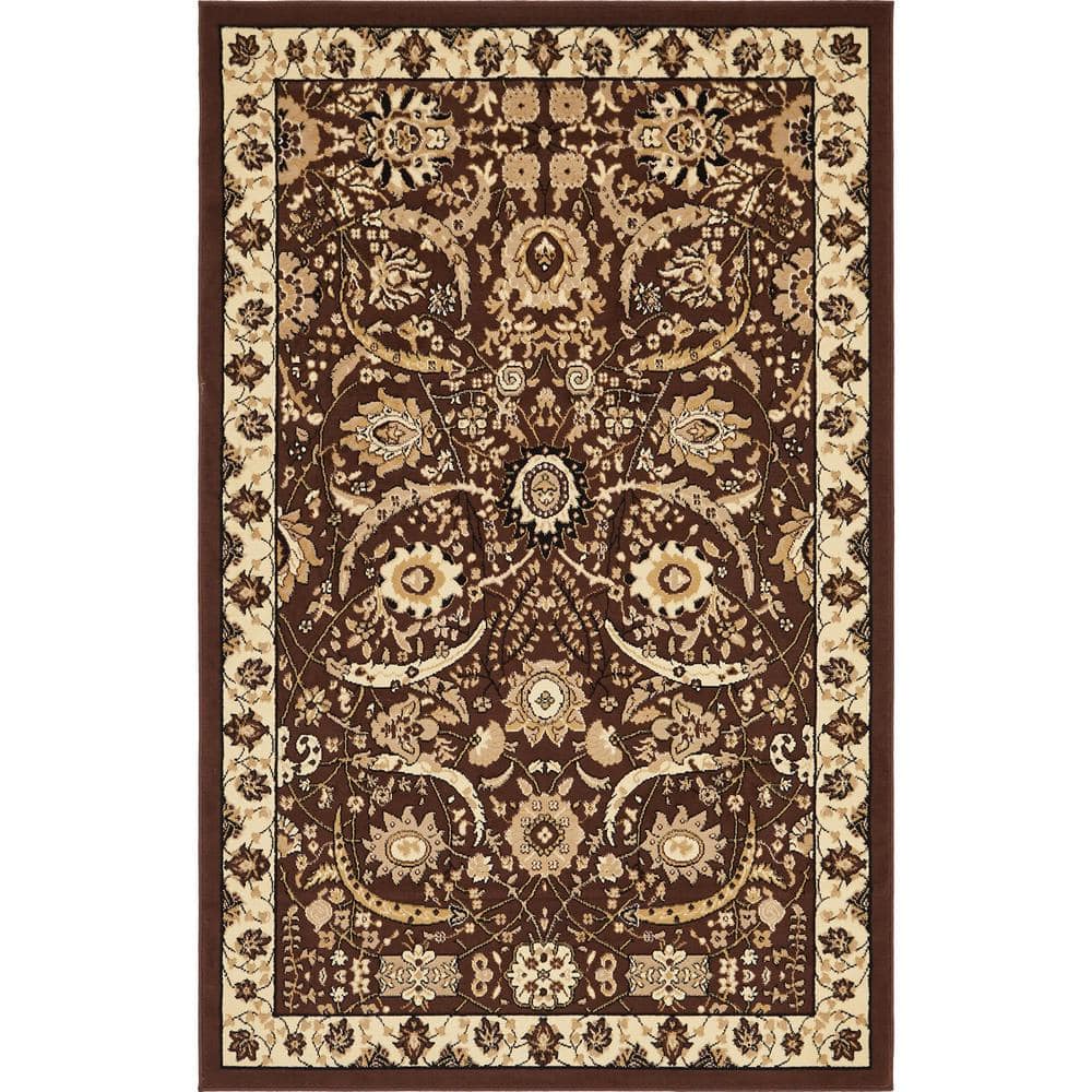 Elegant Espahan Brown Synthetic Rectangular Rug 5' x 8'