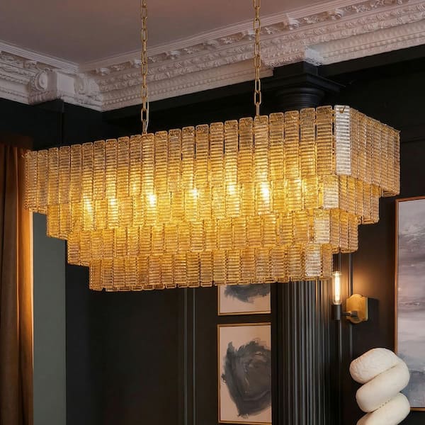 47 in. 17-Light Vintage Gold Rectangle Chandelier, Large 4-Tiers Amber Glass Light for Kitchen Island Dining Room