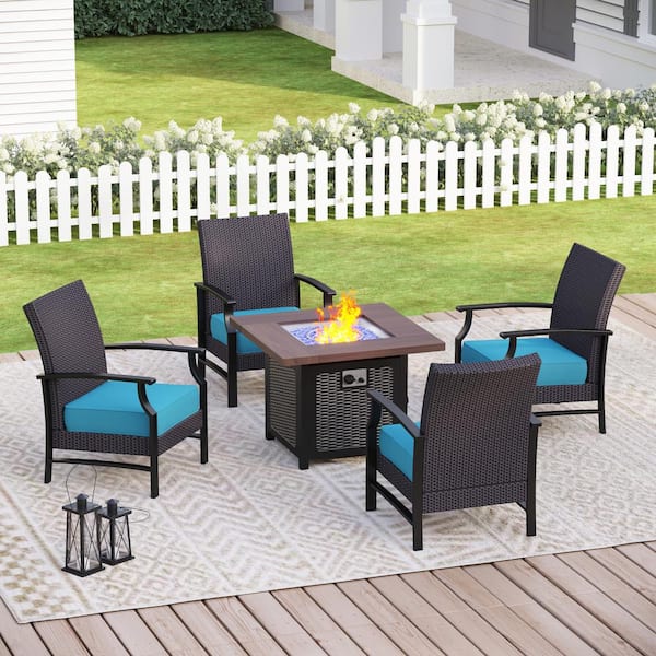 PHI VILLA Black Rattan Wicker 4 Seat 5-Piece Steel Outdoor Fire Pit Patio Set with Blue Cushions and Square Fire Pit Table
