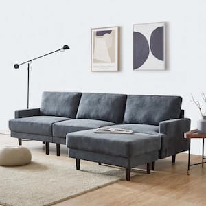 104.6 in. Dark Gray Square Arm Polyester Fabric Modern L Shaped 3-Seater Sofa with Ottoman
