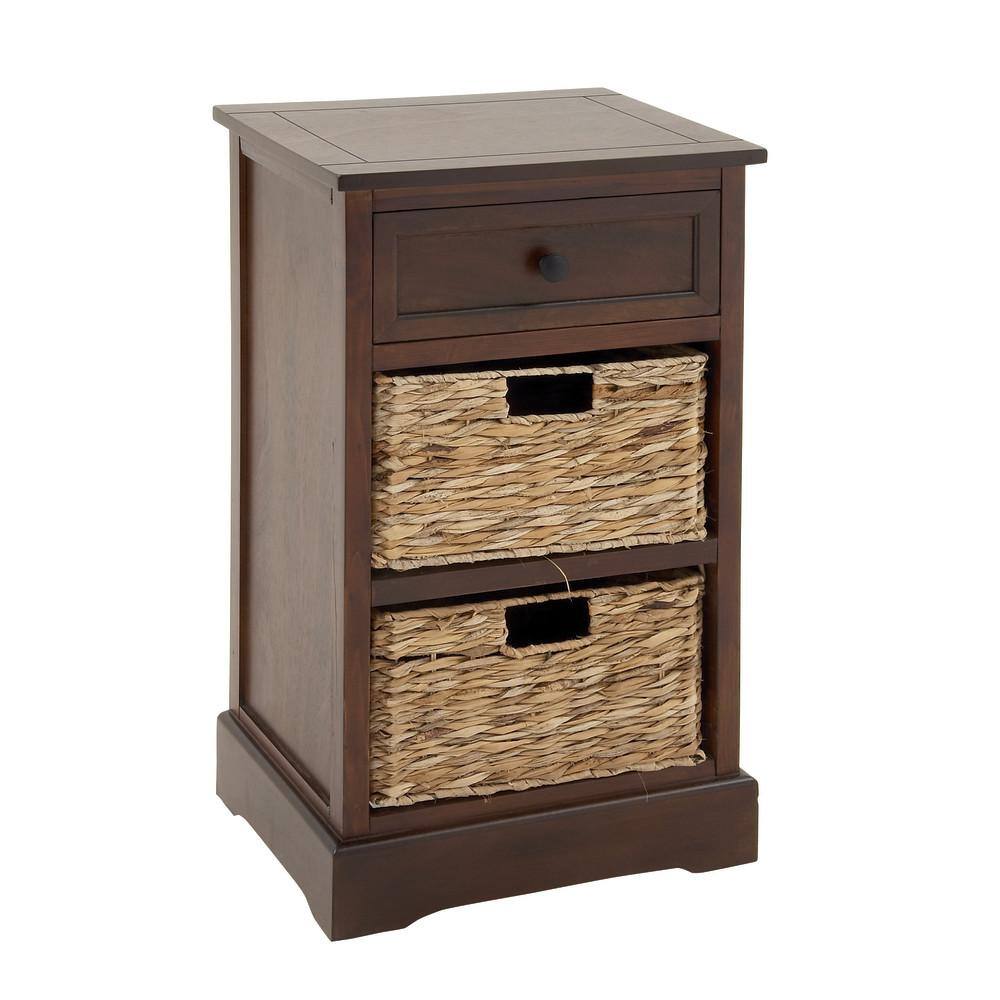 Elegant Brown Wooden Side Chest with Wicker Drawers - 33" x 20.5"
