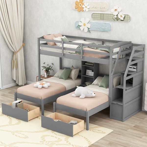Polibi Gray Twin Over Twin and Twin Bunk Bed, Triple Bunk Bed with Drawers, Staircase with Storage, Built-in Shelves
