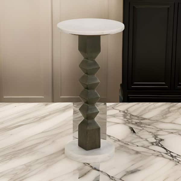Benjara 10.5 in. White and Gray Round Marble Top End/Side Table with Pedestal Base
