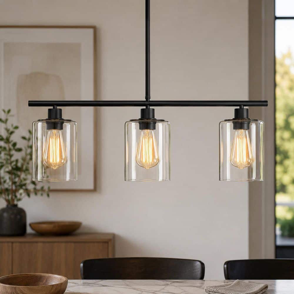 Briignite 3-Light Black Cylinder Pendant Light Fixtures with Clear
