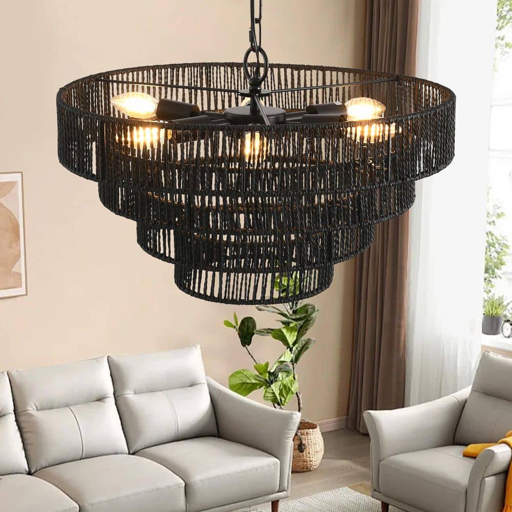6-Light Black Woven Hemp Rope Chandelier, Boho Style 4-Tier Rattan Shades for Living Room or Dining Area price history on PriceWatchPro