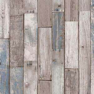 Distressed Wood Plank Neutral Blue Wallpaper