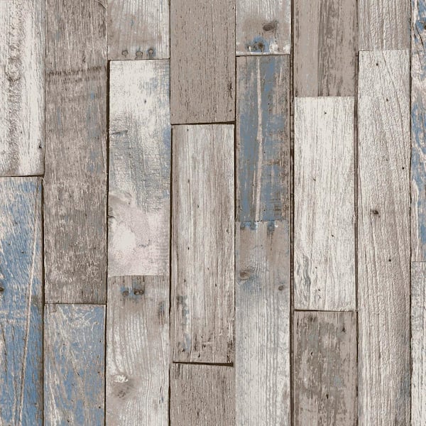 Distressed Wood Plank Neutral Blue Wallpaper