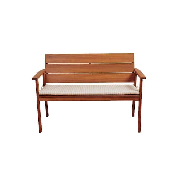 Amazonia Nelson 49 in. Eucalyptus Patio Bench with Striped Beige and Off-White Cushions