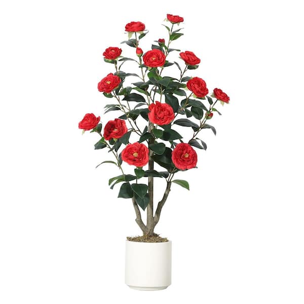 3 ft. Artificial Camellia Tree with Red Silk Flowers, Lifelike Faux Plant – Indoor Outdoor Home, Office