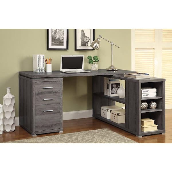 gray desk with file cabinet