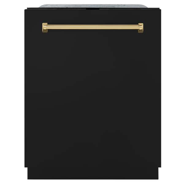 ZLINE Kitchen and Bath Autograph Edition 24 in. Top Control Tall Tub Dishwasher with 3rd Rack in Black Matte with Polished Gold Handle
