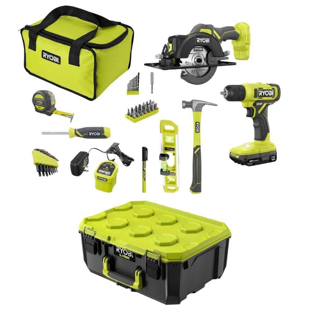 Ryobi ONE+ 18V 3/8 in. Drill Kit w/ 2.0 Ah Battery, Charger, & 53 Accessories w/ 4 1/2 in. Circular Saw & LINK Medium Tool Box