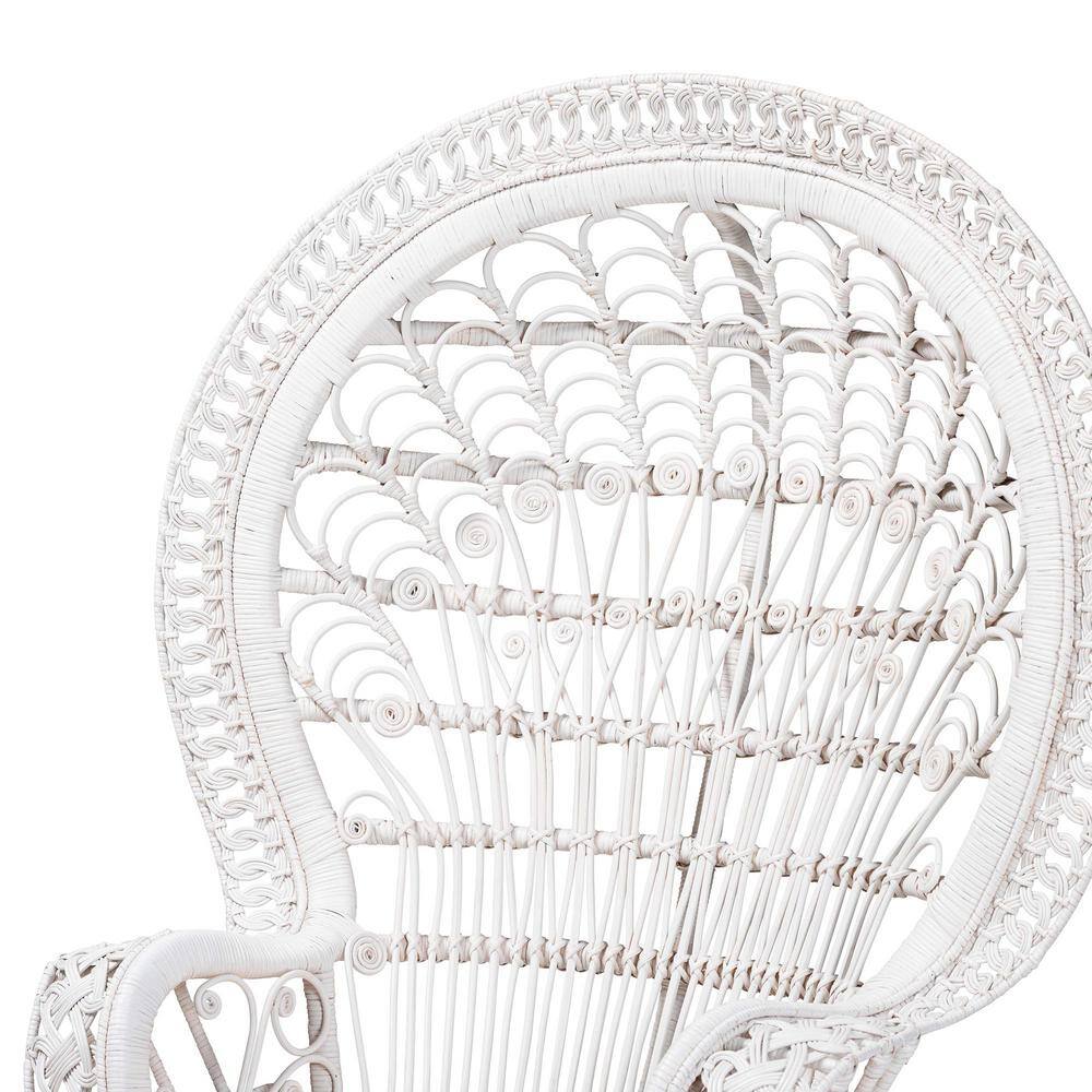 Handcrafted White Rattan Peacock Accent Chair with Geometric Design
