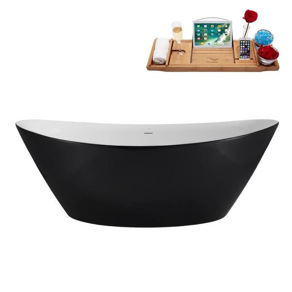 71 in. x 33 in. Acrylic Freestanding Soaking Bathtub in Glossy Black With Polished Brass Drain