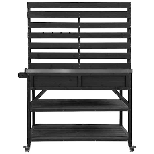 64.9 in. H Outdoor Potting Bench Table with Lockable Wheels, Upper Hutch, Stainless Steel Top, Towel Rack in Black