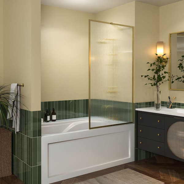 Xspracer Ashpy 33 in. W x 58 in. H Fixed Tub Door in Gold with Rain Glass