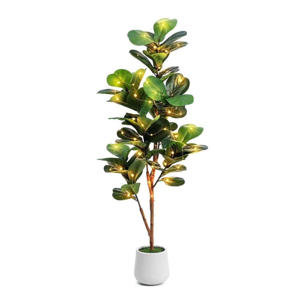 5 ft. Artificial Fiddle Leaf Fig Tree in White Planter with LED