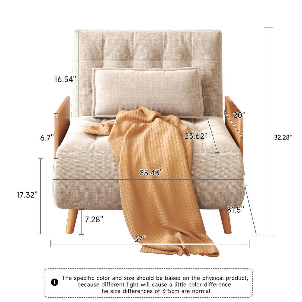 Measurement diagram of the beige tufted sofa chair showing dimensions.