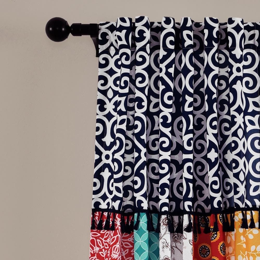 Navy and Multicolor Bohemian Patchwork Polyester Curtain Panels, 95" x 45"