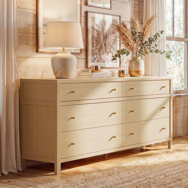 fully assembled dresser Homsee Natural Rubberwood 6-Drawer 63 in. W Dresser with Open Storage Shelf, Fully Assembled Cabinet, Buffets & Sideboards