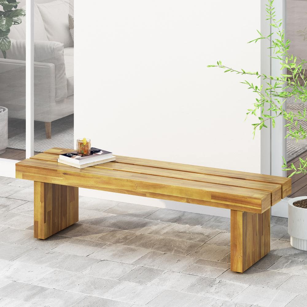 Rustic Acacia Wood 57" Outdoor Bench with Natural Finish