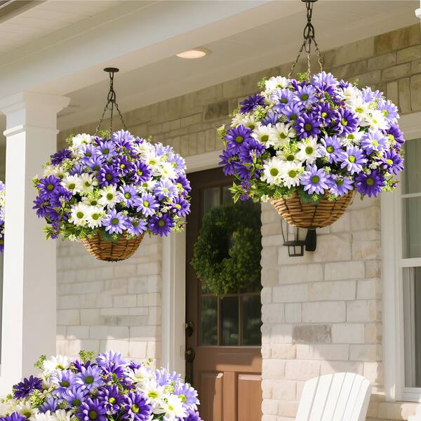 12 Bundles 13 in. White Purple Indoor/Outdoor Artificial Daisy