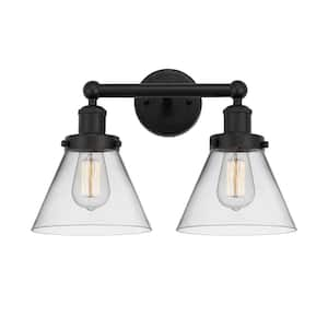 Cone 15.5 in. 2 Light Matte Black, Clear Vanity Light with Clear Glass Shade