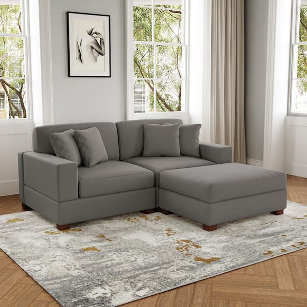 83 in. W Modern Square Arm 3-Piece Corduroy Fabric L-Shaped Sectional Sofa in Light Gray