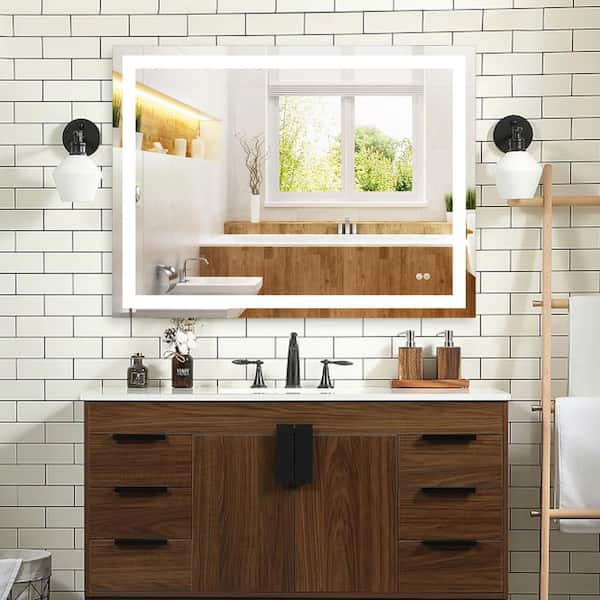 WELLFOR 48 in. W x 36 in. H Rectangular Frameless LED Lighted Anti-Fog Wall Mounted Bathroom Vanity Mirror