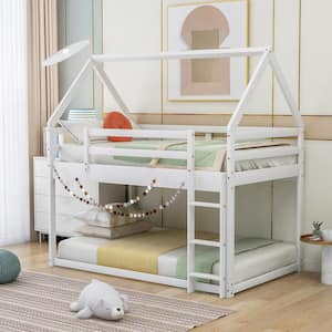 White Twin Over Twin Wood House Bunk Bed with Ladder