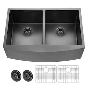 33 in. Farmhouse/Apron-Front Double Bowl 18 Gauge Gunmetal Black Stainless Steel Kitchen Sink